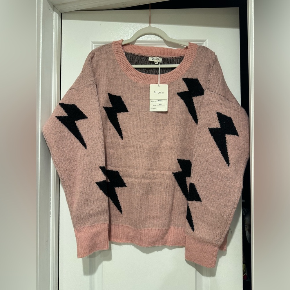 NWT Miracle Pink and Black Lightning Bolt Sweater Size M/L